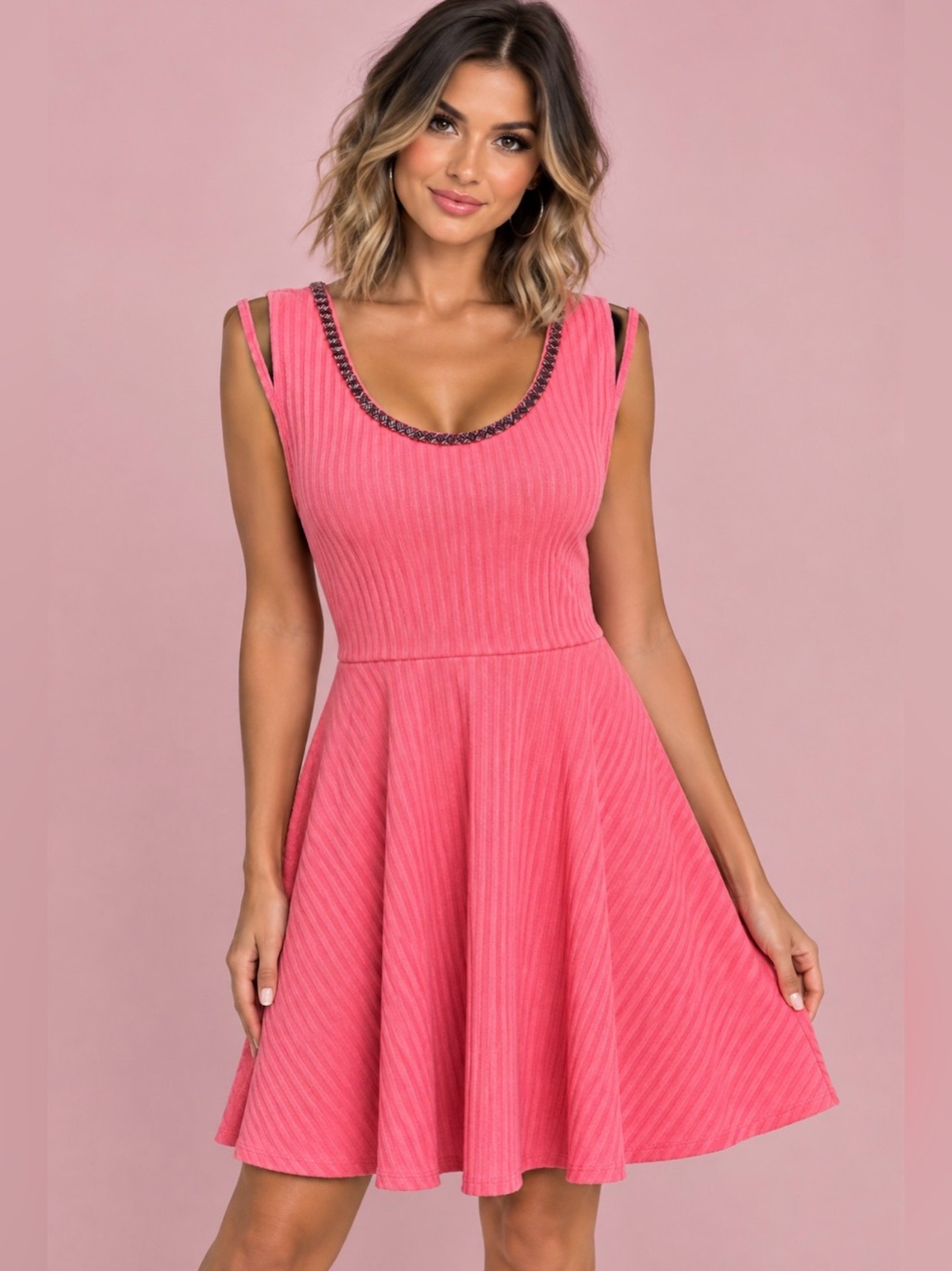Candie's Embellished Pink Coral Ribbed Fit & Flare Skater Dress Size XL